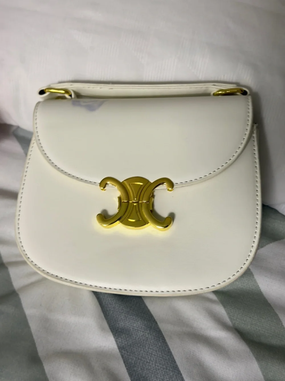 White Leather Top-Handle Shoulder Bag with Gold Accent